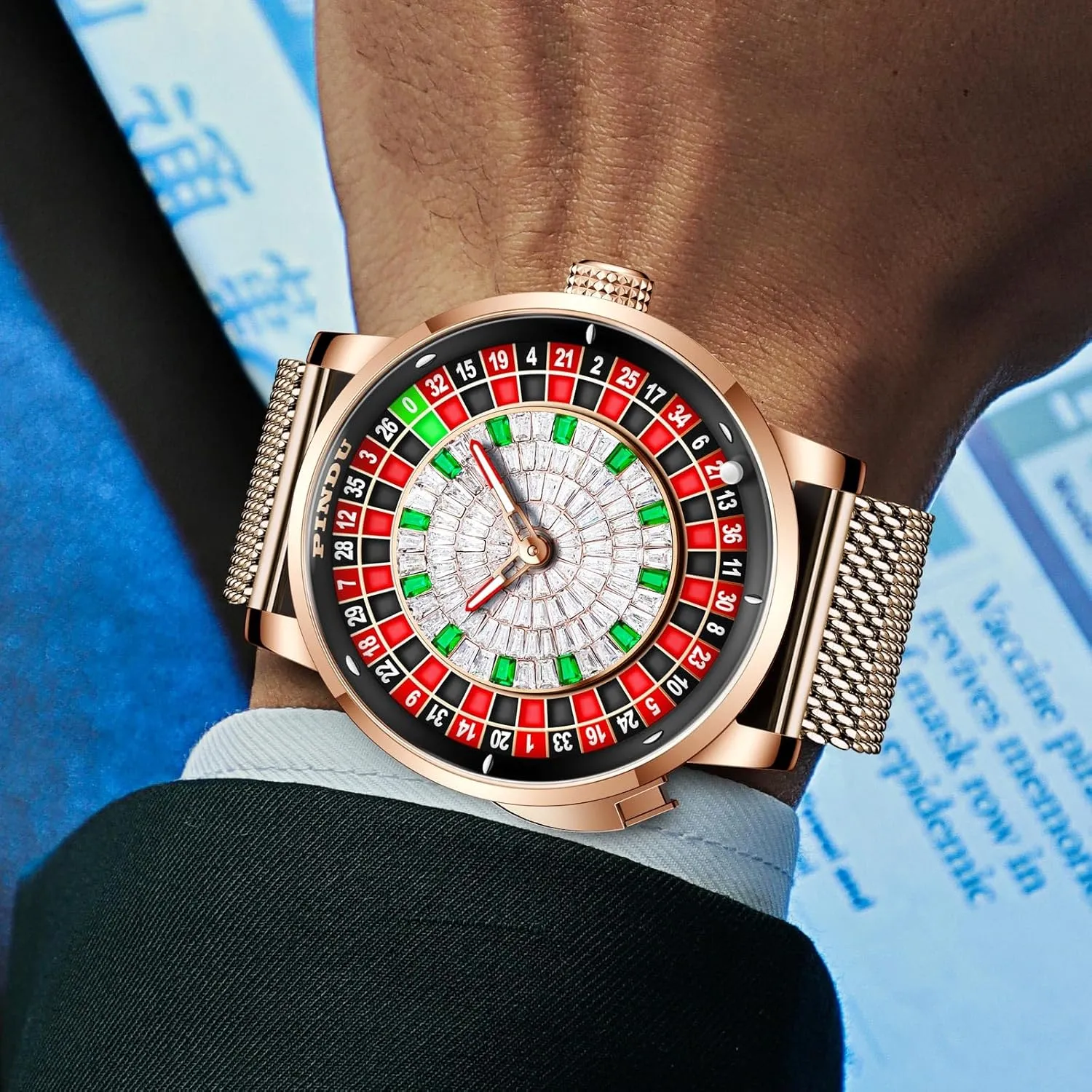 1.8 Inches Roulette Wheel Automatic Watches for Men, NH35A Movement Design Button Control, Sapphire Glass Automatically 50M Waterproof Mens Unique American Style Roulette, Mechanical Watch for Game Night