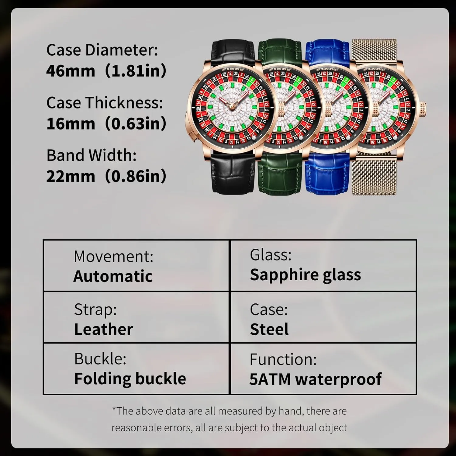 1.8 Inches Roulette Wheel Automatic Watches for Men, NH35A Movement Design Button Control, Sapphire Glass Automatically 50M Waterproof Mens Unique American Style Roulette, Mechanical Watch for Game Night