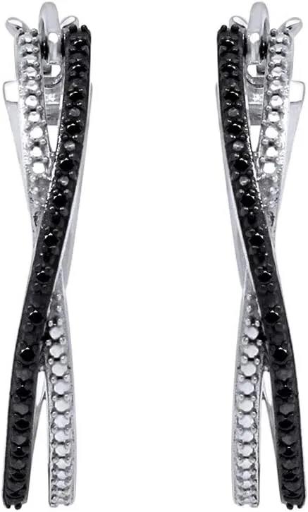 Color Enhanced Black Natural Diamond Accent Cross-Over Hoop Earrings for Women Sterling Silver (1/10 cttw)