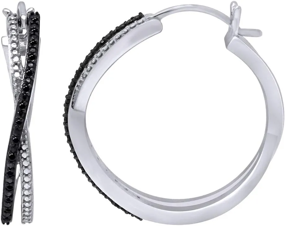 Color Enhanced Black Natural Diamond Accent Cross-Over Hoop Earrings for Women Sterling Silver (1/10 cttw)