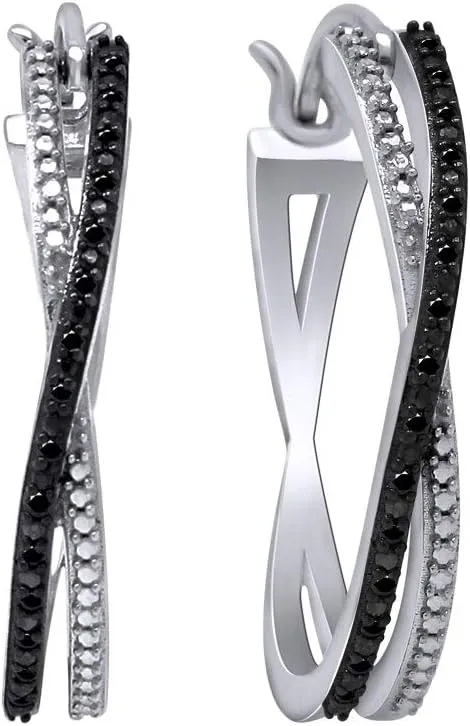 Color Enhanced Black Natural Diamond Accent Cross-Over Hoop Earrings for Women Sterling Silver (1/10 cttw)