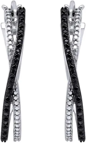 Color Enhanced Black Natural Diamond Accent Cross-Over Hoop Earrings for Women Sterling Silver (1/10 cttw)