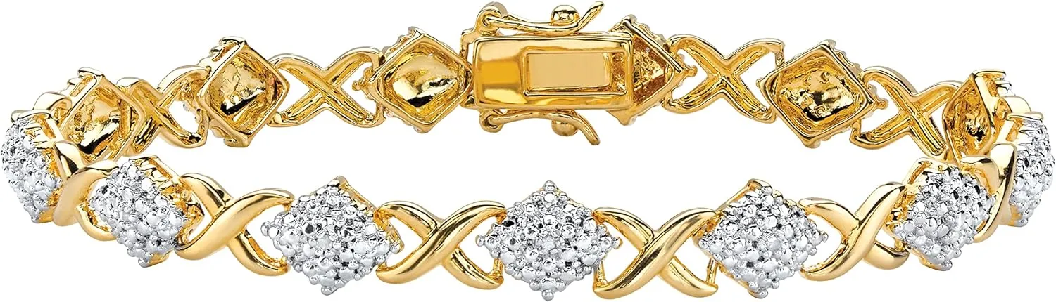 PalmBeach Yellow Gold-plated Genuine Diamond Accent X and O Tennis Bracelet (8mm), Box Clasp, 7.5 inches