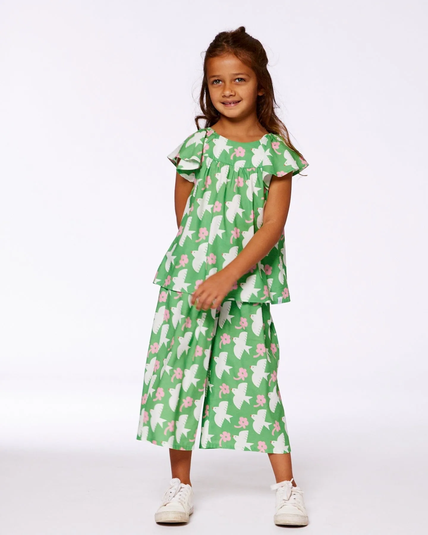 Printed Blouse With Flounce Sleeves Green With White And Pink Bird
