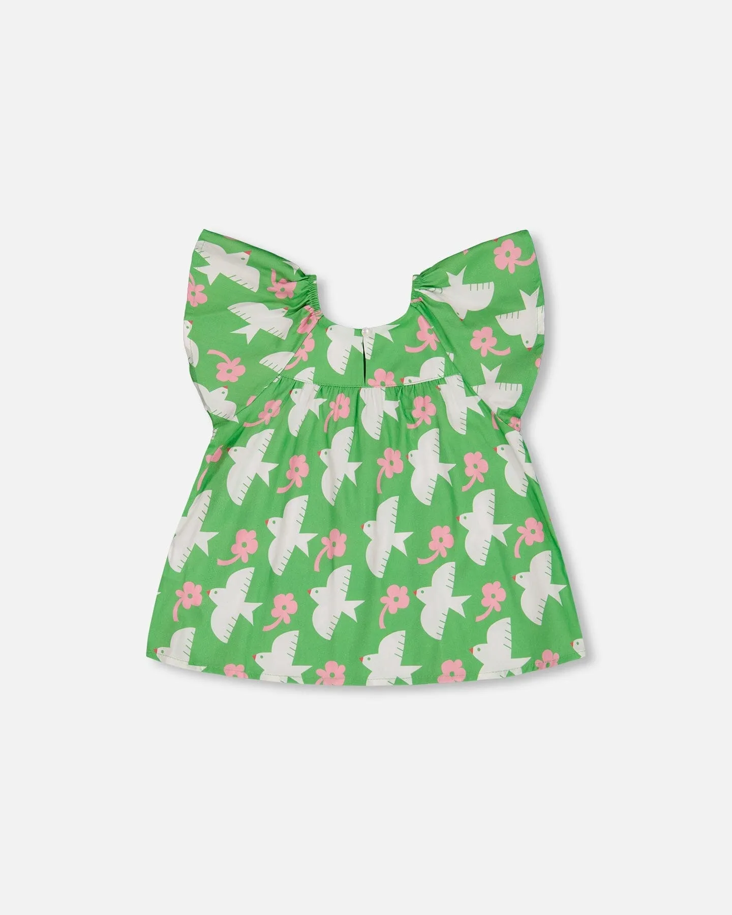 Printed Blouse With Flounce Sleeves Green With White And Pink Bird
