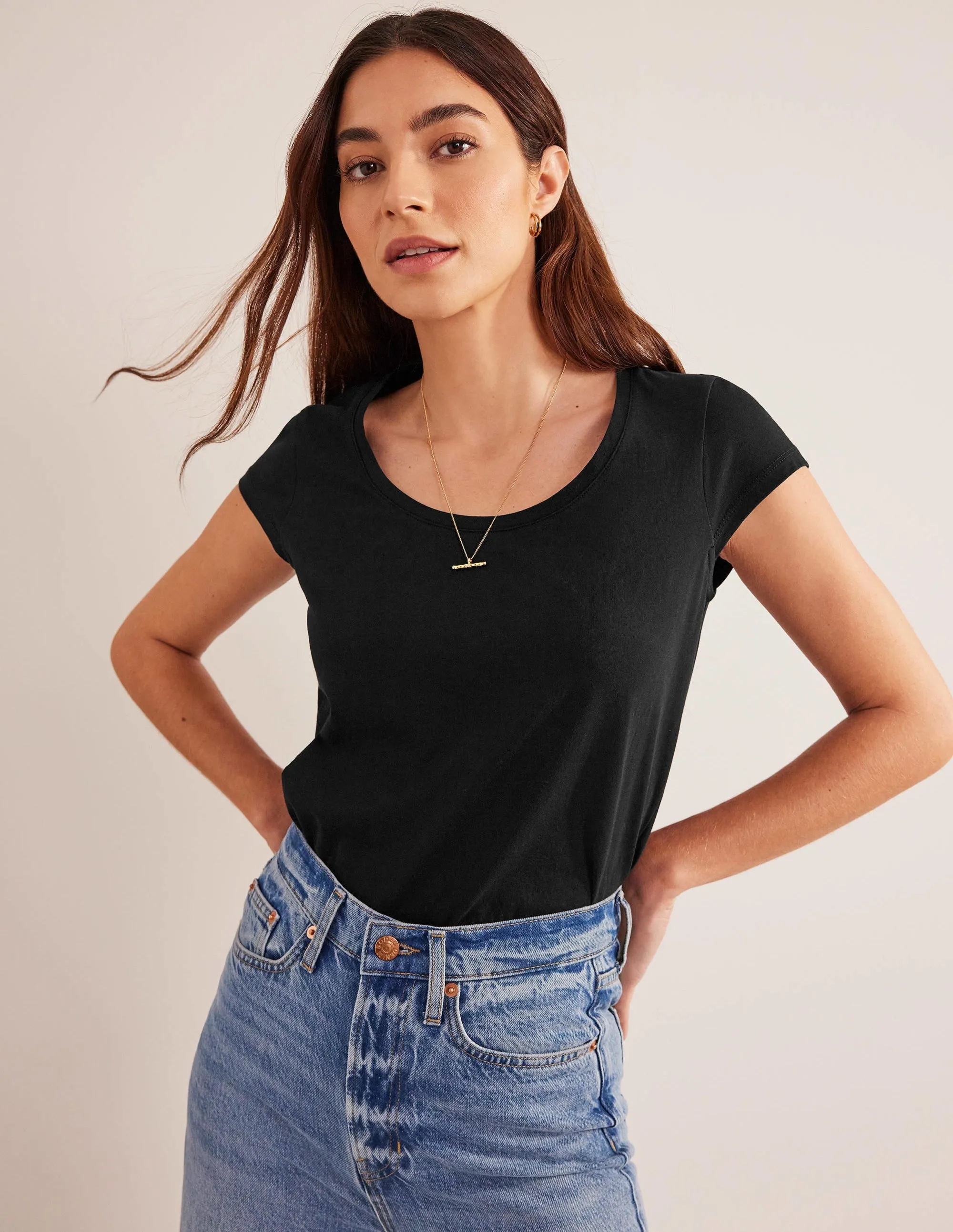 Pure Cotton Scoop Neck T-Shirt-Black